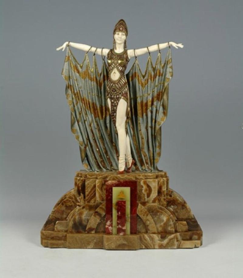 Colinet sculpture représentant une danseuse exotique en bronze et ivoire, élégance Art Déco